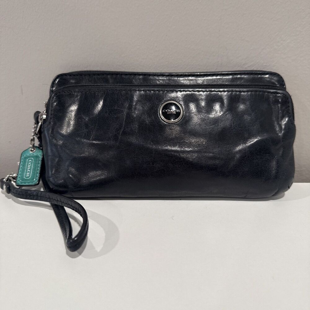 Coach Wristlet Black Leather Wallet Double Zip Striped Legacy Satin Lining 8x4